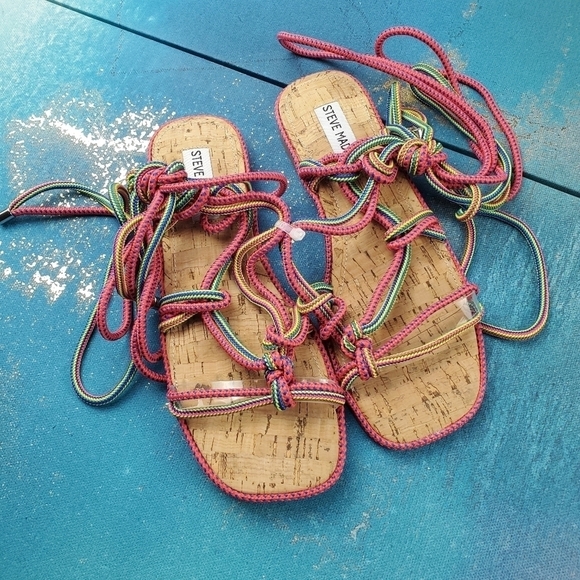 Steve Madden 6.5 Sensible Sandals in Multicolor Pink Blue‎ Yellow tie wrap Ankle - Picture 1 of 11